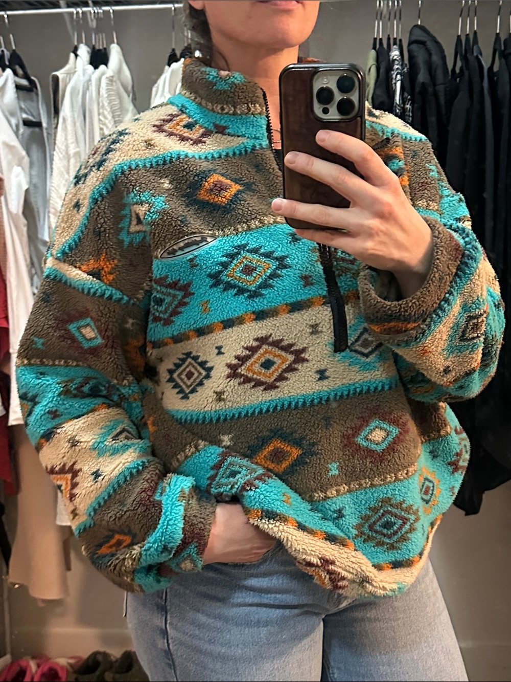 Men's Aztec Pattern Sherpa Quarter-Zip Sweater - Turquoise & Brown